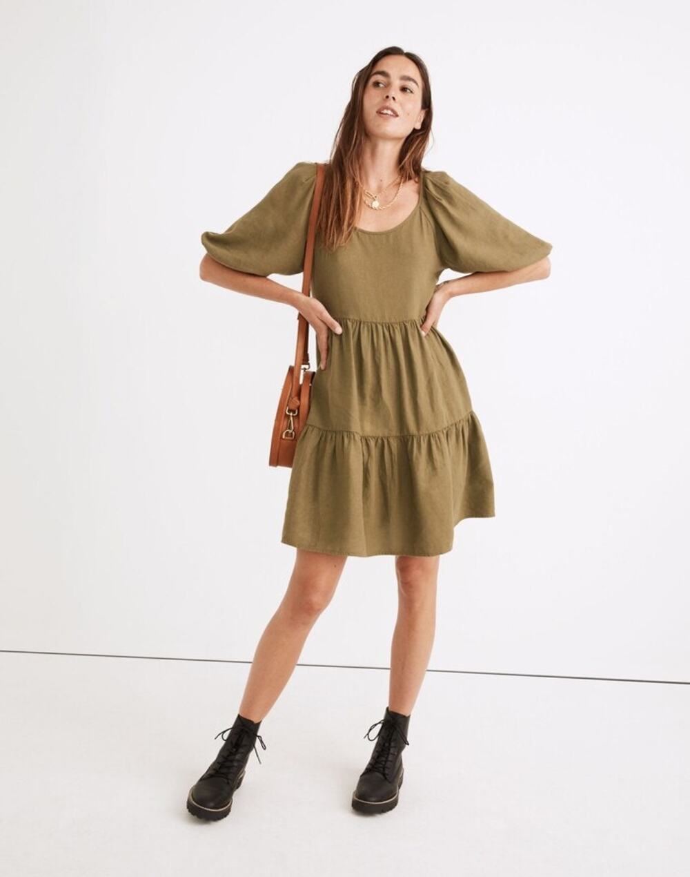 Madewell (Re)sponsible Puff Sleeve Tiered Mini Dress Classic Olive NB471 Small